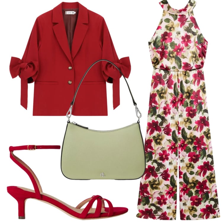 Outfit donna - Tuta fiorita. Stile Glamour per Serata fuori. Abbinamento con tute, blazer, borse a spalla, sandali col tacco.