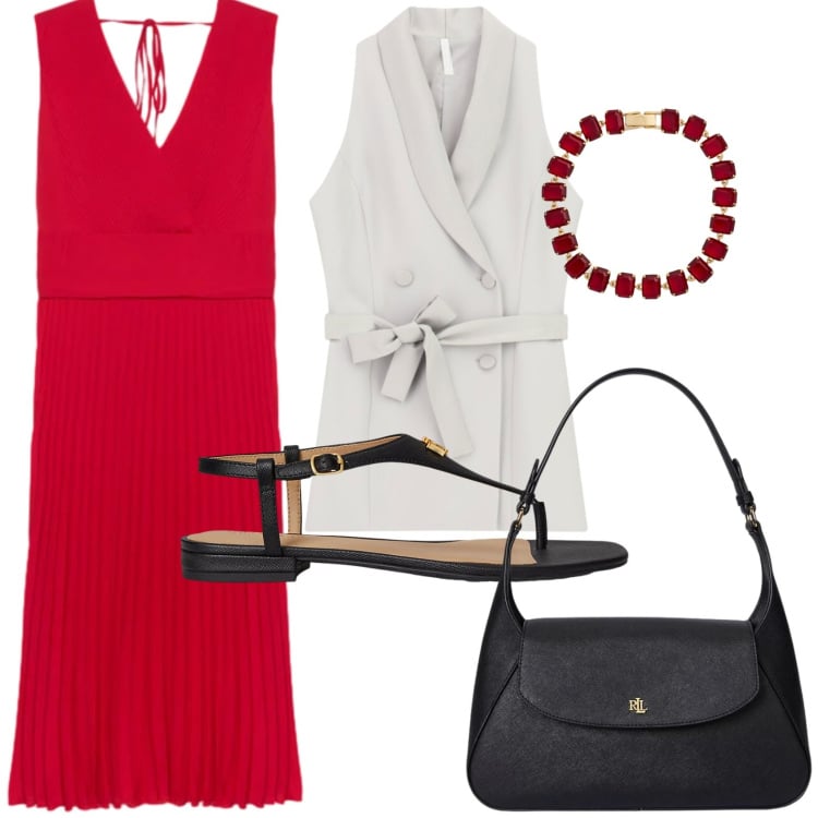 Outfit donna - L\'abito plissettato. Stile Glamour per Serata fuori. Abbinamento con gilet, vestiti midi/longuette, braccialetti, sandali in pelle, borse a spalla.