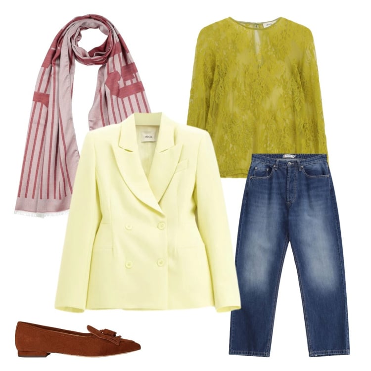 Outfit donna - Giallo banana primavera. Stile Casual per Tutti i giorni. Abbinamento con sciarpe, jeans dritti, top, blazer, ballerine.