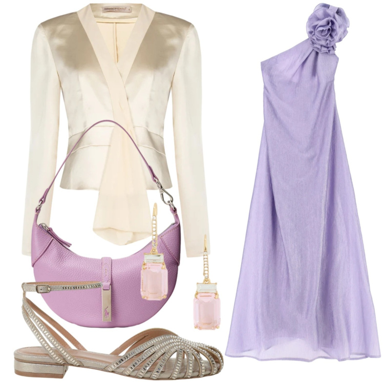 Outfit donna - L\'eleganza del viola. Stile Chic per Serata fuori. Abbinamento con vestiti lunghi, blazer, sandali, borse a spalla, orecchini.