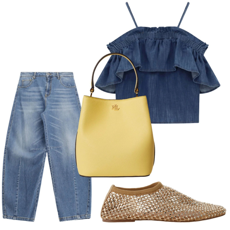 Outfit donna - Top con rouches. Stile Basic per Tutti i giorni. Abbinamento con top, jeans, ballerine, borse a secchiello.