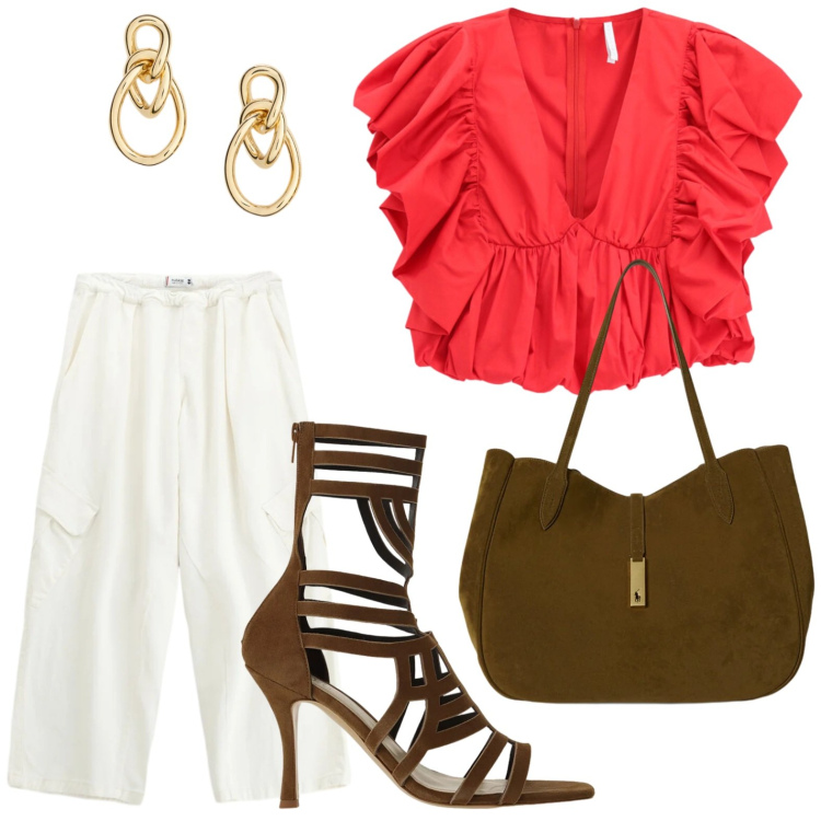 Outfit donna - Minimal style. Stile Minimal per Tutti i giorni. Abbinamento con pantaloni a palazzo, top, sandali col tacco, orecchini, borse tote.