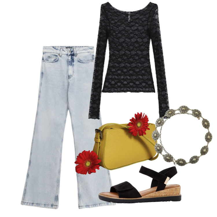 Outfit donna - Casual chic. Stile Casual chic per Tutti i giorni. Abbinamento con sandali, cinture, bluse, borse a spalla, jeans a zampa.