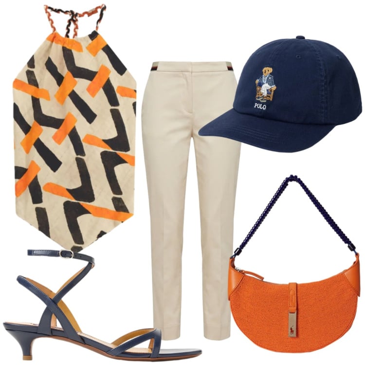 Outfit donna - Sandali intrecciati. Stile Casual per Tutti i giorni. Abbinamento con pantaloni chino, top, borse a spalla, sandali col tacco, cappelli.