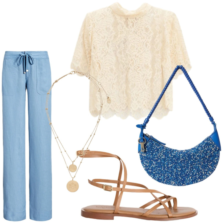 Outfit donna - Semplicità. Stile Glamour per Tutti i giorni. Abbinamento con sandali in pelle, top, ciondoli, pantaloni, borse a spalla.