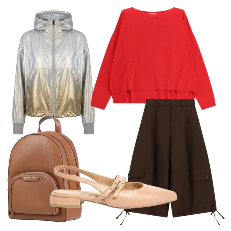 Outfit donna - Pantaloni primaverili. Stile Sporty chic per Ufficio. Abbinamento con zaini, ballerine, pantaloni a palazzo, maglieria, bomber.