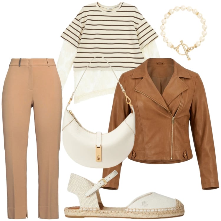 Outfit donna - Righe e pelle. Stile Chic per Tutti i giorni. Abbinamento con pantaloni, giacche, top, borse a spalla, espadrillas, braccialetti.