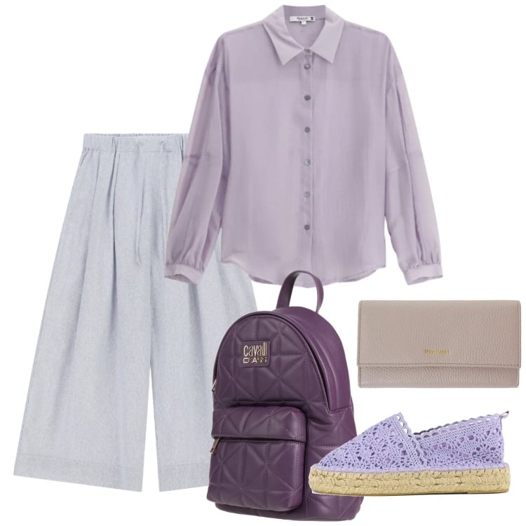 Outfit donna - Università. Stile Basic per Scuola/Università. Abbinamento con zaini, pantaloni a palazzo, camicie, portafogli, espadrillas.