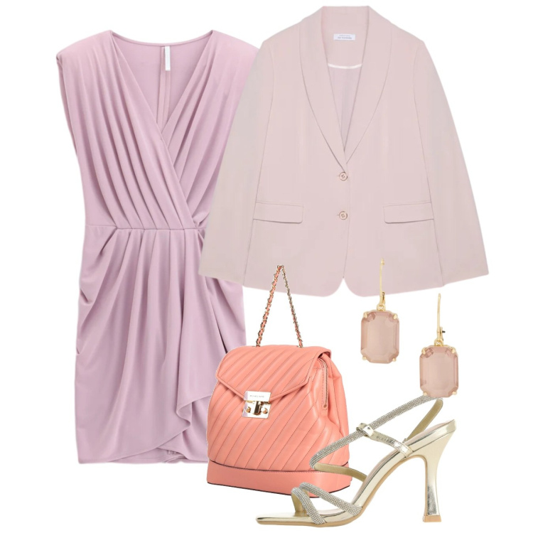Outfit donna - Cerimonia in rosa. Stile Chic per Cerimonia. Abbinamento con zaini, vestiti asimmetrici, sandali col tacco, blazer, orecchini.