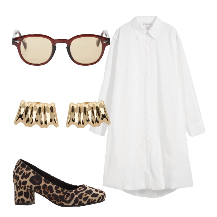 Outfit donna - Maggio cattura la luce. Stile Trendy per Tutti i giorni. Abbinamento con vestiti chemisier, décolleté, occhiali da sole, orecchini.