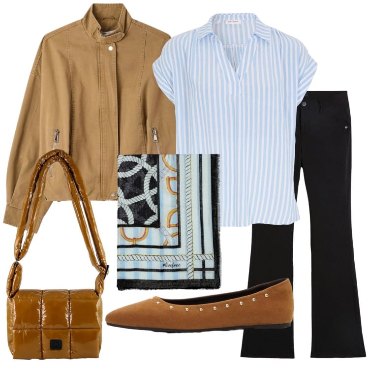 Outfit donna - Perfetta con il foulard. Stile Casual chic per Scuola/Università. Abbinamento con bluse, pantaloni, ballerine, bomber, foulard, borse a spalla.