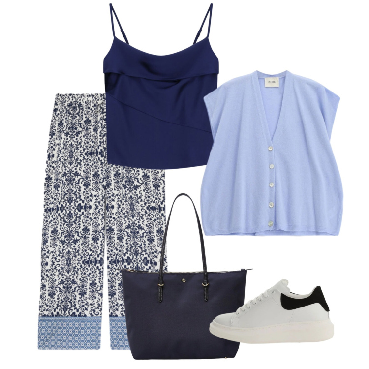 Outfit donna - Blu. Stile Basic per Tutti i giorni. Abbinamento con canottiere, sneakers, gilet, pantaloni, borse tote.