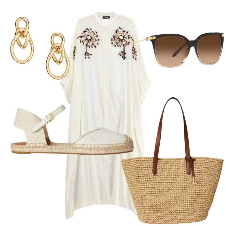 Outfit donna - Total look #2398951. Stile Boho per Mare. Abbinamento con vestiti midi/longuette, occhiali da sole, orecchini, borse tote, espadrillas.