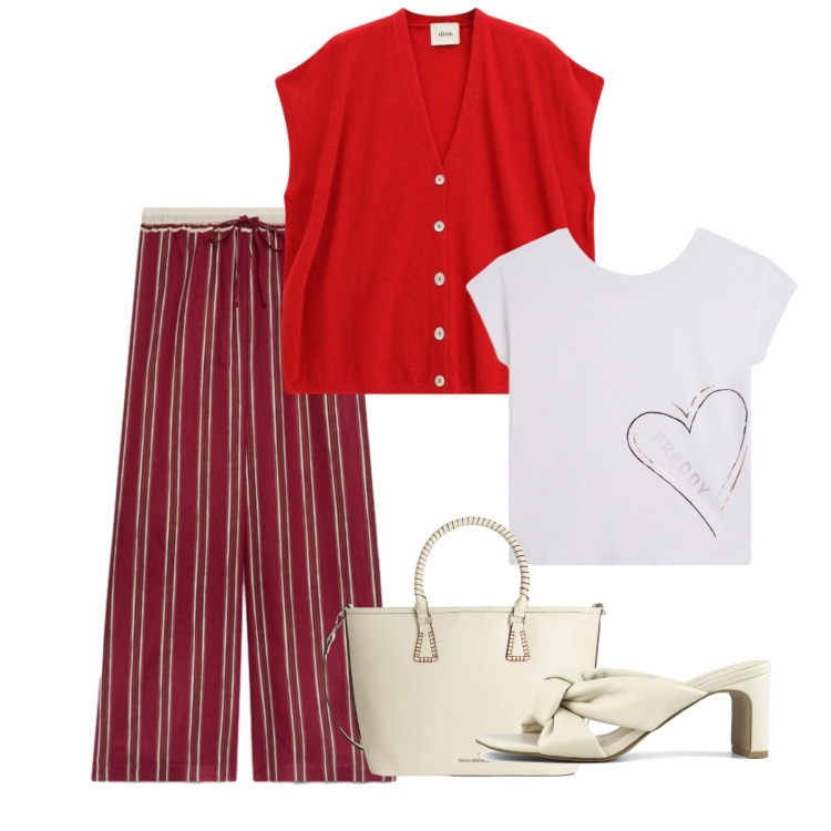 Outfit donna - Righe in rosso. Stile Chic per Tutti i giorni. Abbinamento con shopping bag, gilet, pantaloni, t-shirt, sandali col tacco.