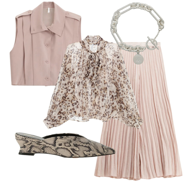Outfit donna - Total look #2398955. Stile Chic per Cerimonia. Abbinamento con camicie, piumini, sabot, pantaloni a palazzo, braccialetti.