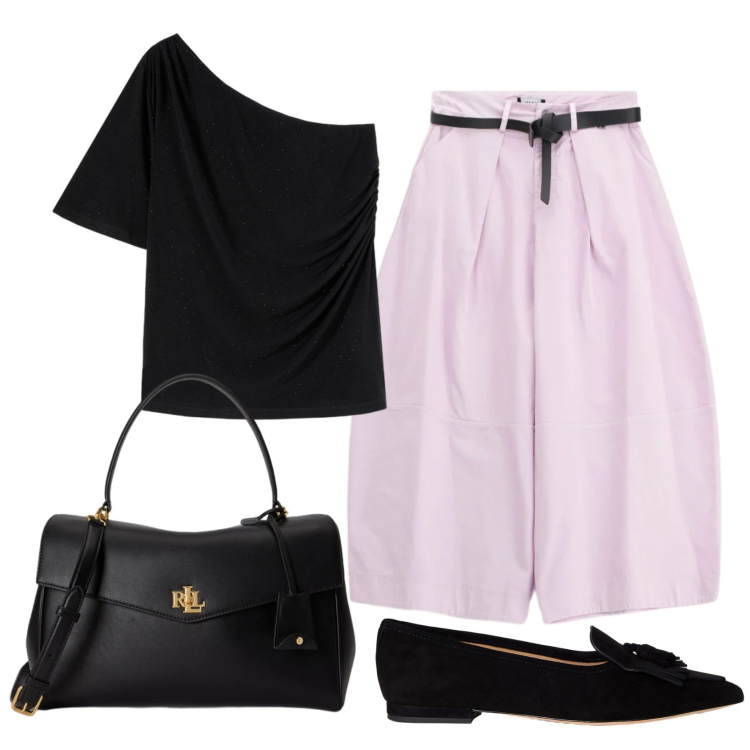 Outfit donna - Total look #2398956. Stile Urban per Ufficio. Abbinamento con pantaloni a palazzo, t-shirt, ballerine, borse a mano.