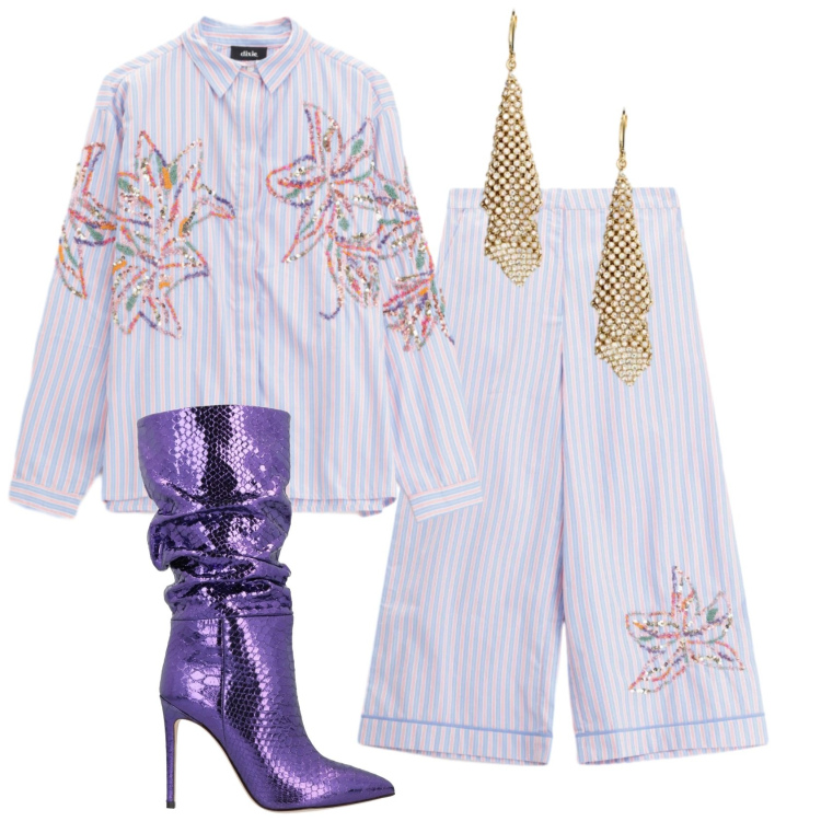 Outfit donna - Total look #2398957. Stile Glamour per Serata fuori. Abbinamento con stivali, pantaloni a palazzo, camicie, orecchini.