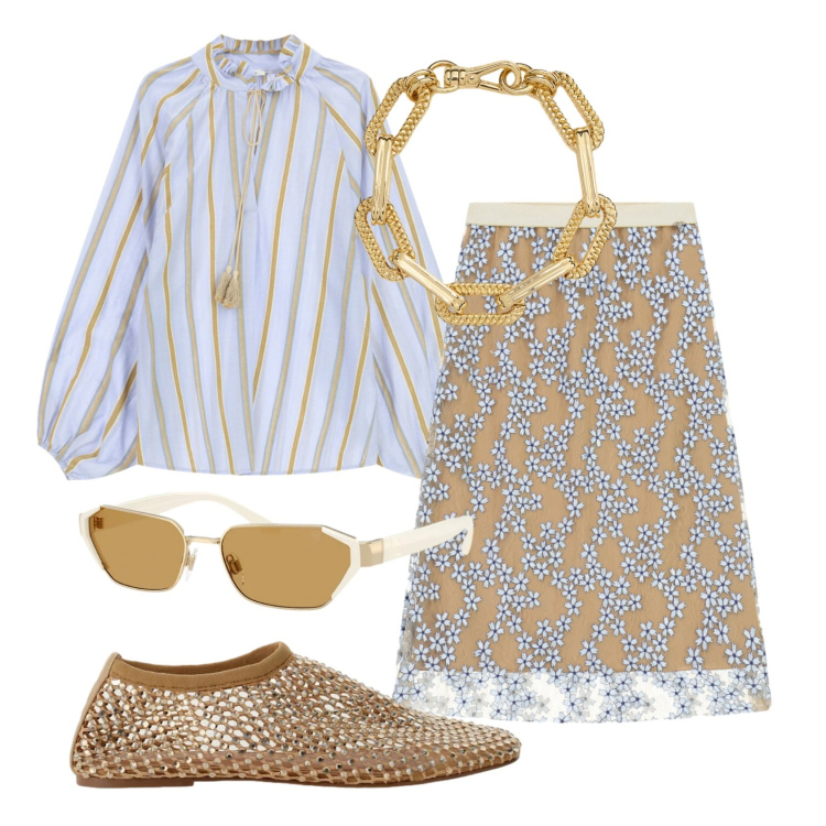 Outfit donna - Total look #2398960. Stile Glamour per Ufficio. Abbinamento con bluse, gonne longuette, ballerine, braccialetti, occhiali da sole.