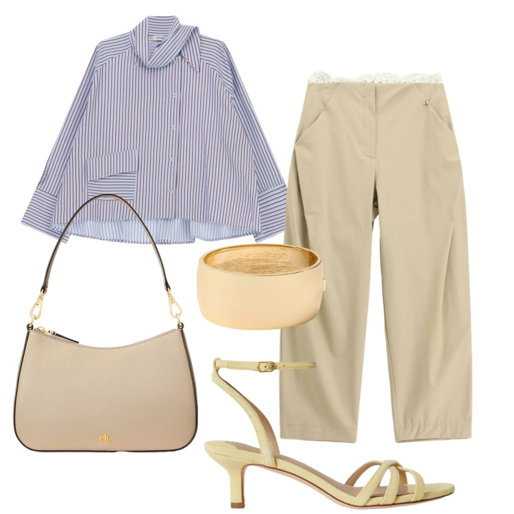 Outfit donna - Total look #2398963. Stile Chic per Ufficio. Abbinamento con pantaloni, camicie, borse a spalla, braccialetti, sandali col tacco.