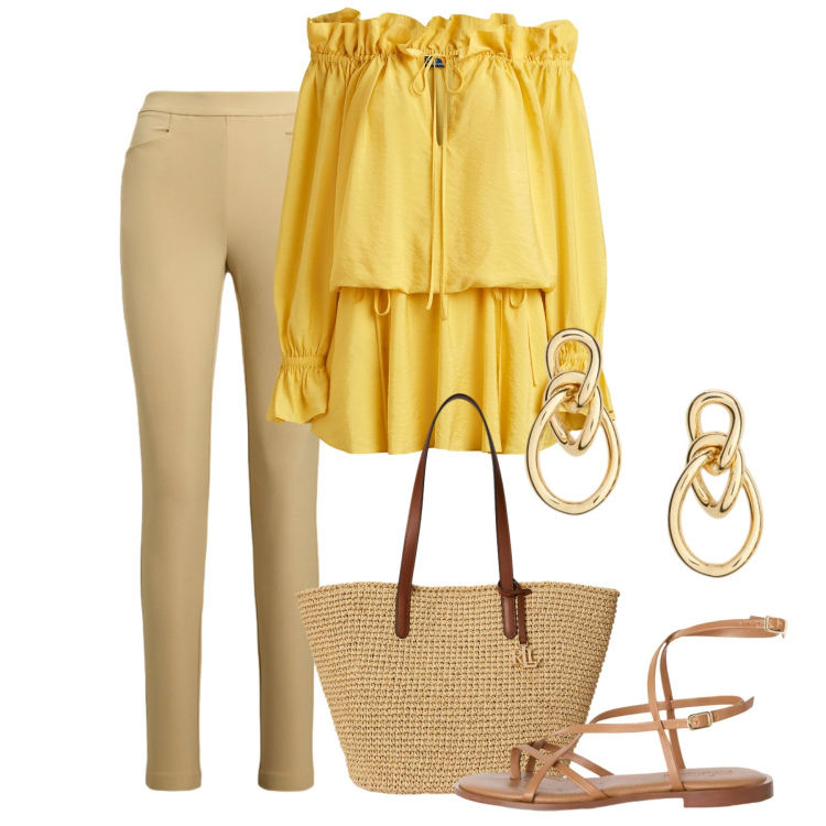 Outfit donna - Le spalle scoperte. Stile Chic per Tutti i giorni. Abbinamento con sandali in pelle, vestiti, orecchini, borse tote, pantaloni.