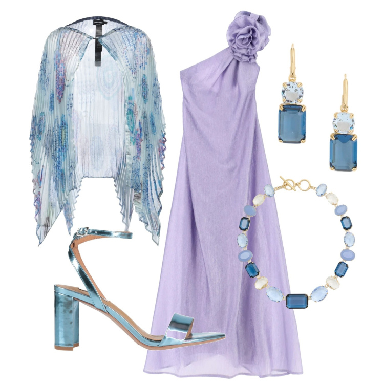 Outfit donna - La madre della sposa. Stile Glamour per Cerimonia. Abbinamento con cappe, sandali in pelle, vestiti lunghi, orecchini, collane.