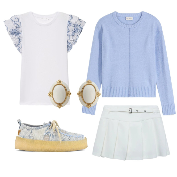 Outfit donna - Aperitivo al golf club. Stile Bon Ton per Tutti i giorni. Abbinamento con maglieria, minigonne, t-shirt, orecchini, scarpe stringate.