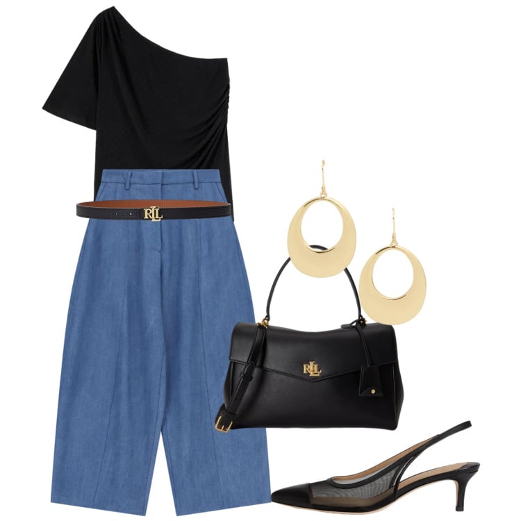 Outfit donna - Serata monospalla. Stile Casual chic per Serata fuori. Abbinamento con jeans, t-shirt, décolleté, orecchini, borse a mano, cinture.