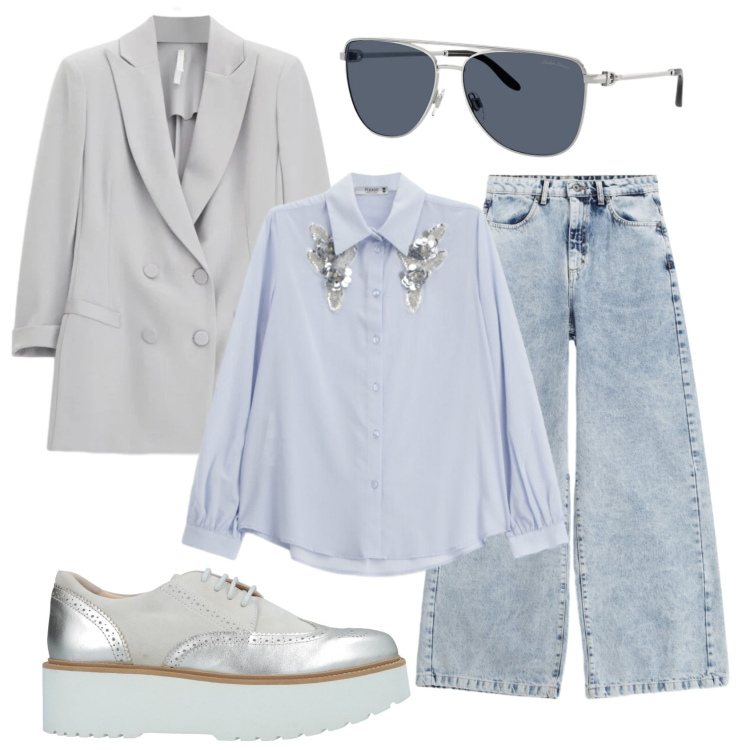 Outfit donna - Total look #2398979. Stile Trendy per Serata fuori. Abbinamento con scarpe stringate, camicie, blazer, jeans, occhiali da sole.