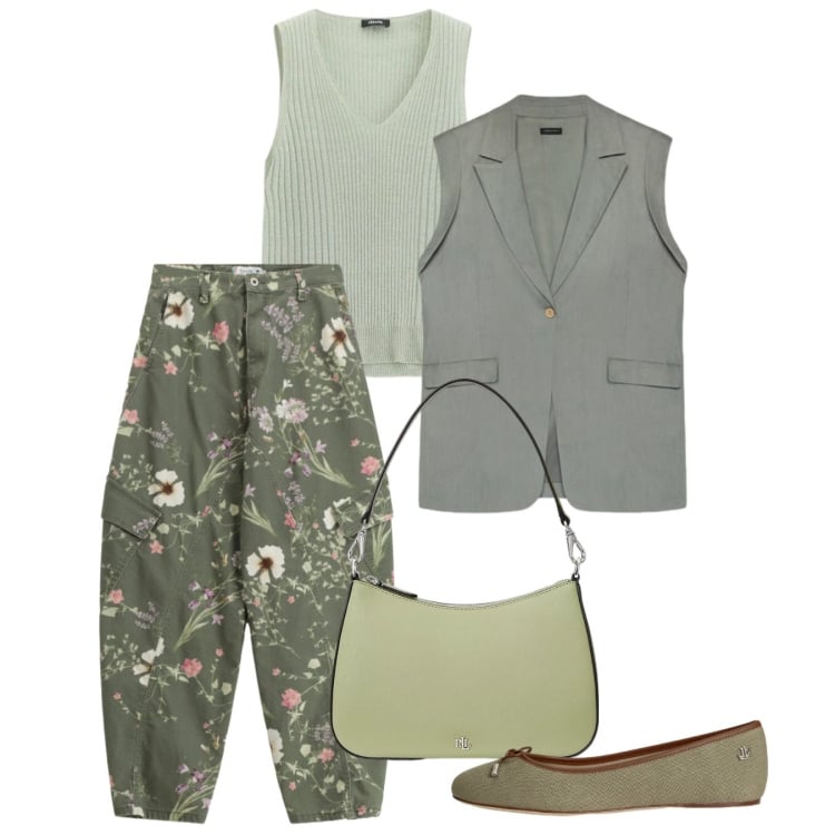 Outfit donna - I ballons a fiori. Stile Romantica per Tutti i giorni. Abbinamento con pantaloni cargo, top, gilet, borse a spalla, ballerine.