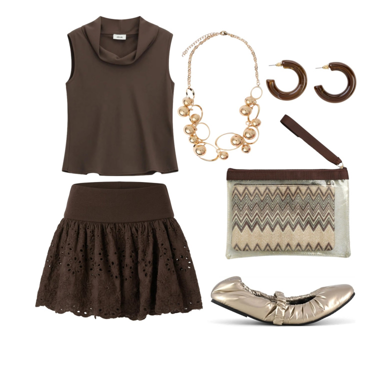 Outfit donna - Maggio. Stile Romantica per Tutti i giorni. Abbinamento con orecchini, pochette, minigonne, top, collane, ballerine.