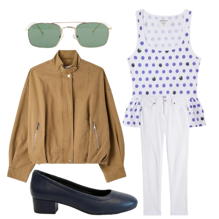 Outfit donna - Terranova spring. Stile Urban per Tutti i giorni. Abbinamento con jeans dritti, décolleté, canottiere, bomber, occhiali da sole.