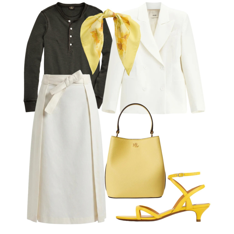 Outfit donna - Dettagli sole. Stile Chic per Ufficio. Abbinamento con gonne longuette, blazer, t-shirt, sandali col tacco, borse a secchiello, foulard.