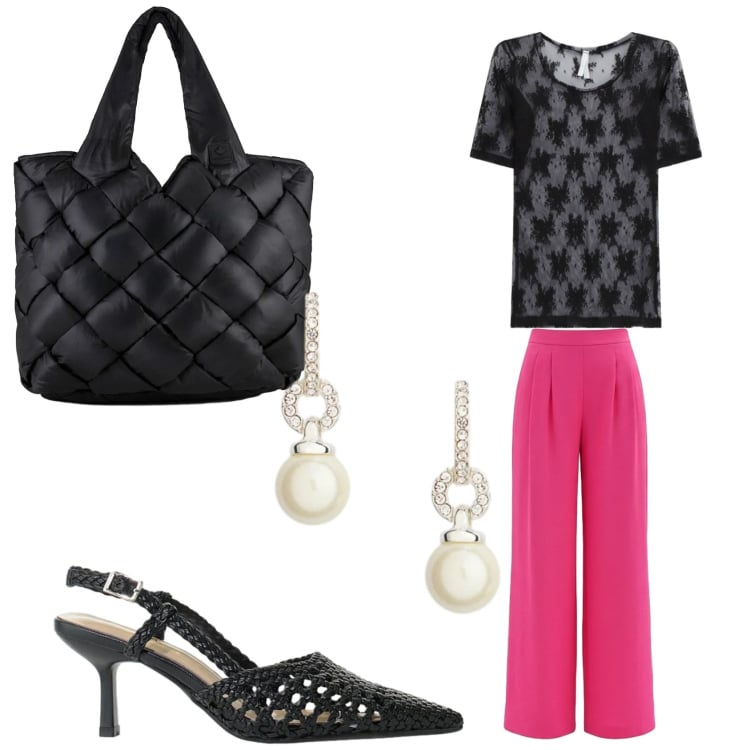 Outfit donna - In citta\'. Stile Chic per Tutti i giorni. Abbinamento con décolleté, t-shirt, pantaloni a palazzo, borse tote, orecchini.