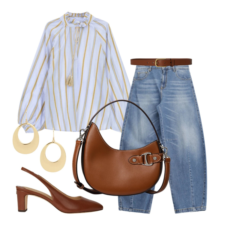 Outfit donna - Maggio. Stile Casual chic per Tutti i giorni. Abbinamento con jeans, bluse, borse a tracolla, décolleté, orecchini, cinture.