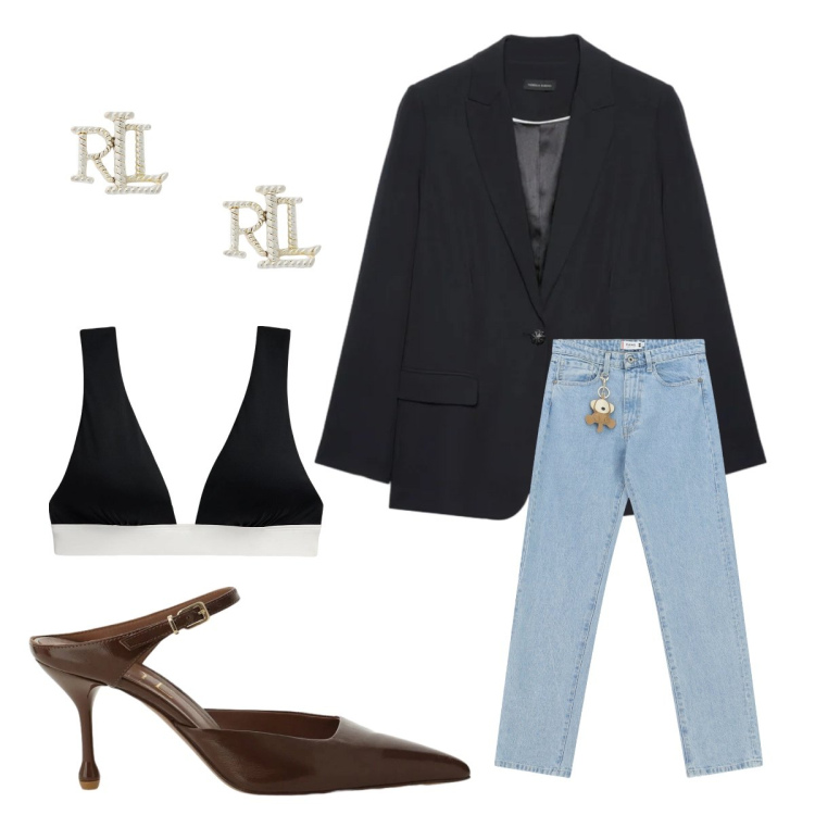 Outfit donna - Appuntamento. Stile Sexy per Serata fuori. Abbinamento con jeans dritti, décolleté, blazer, orecchini, top.