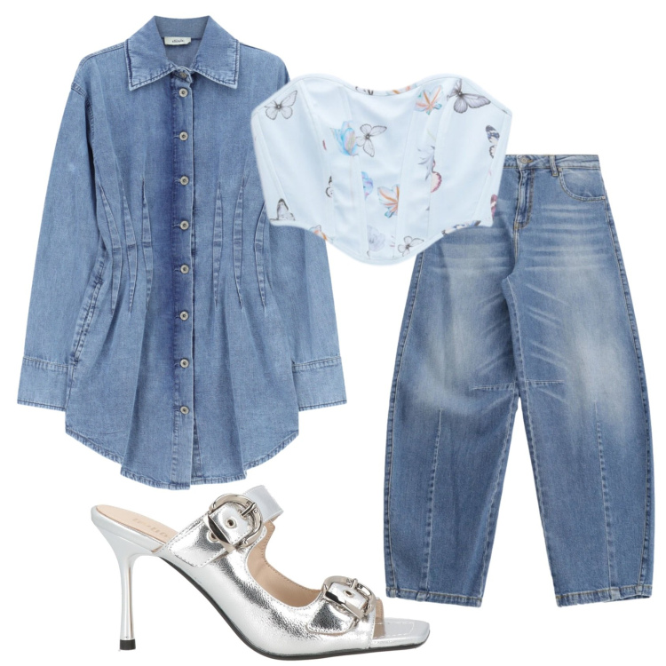 Outfit donna - Total look #2398992. Stile Glamour per Tutti i giorni. Abbinamento con sandali in pelle, top, jeans, vestiti lunghi.