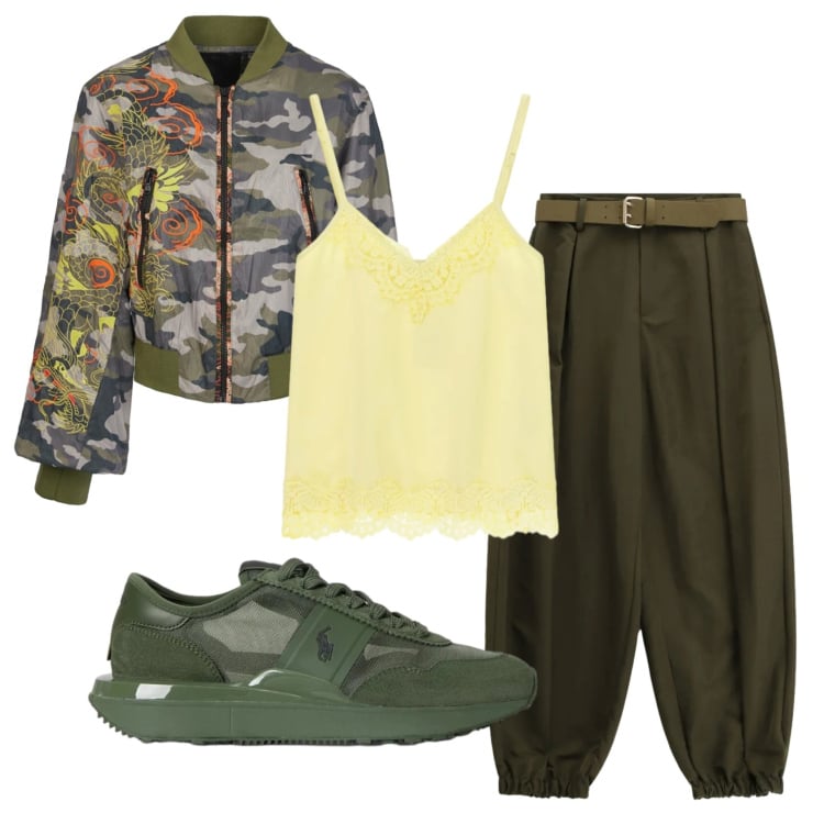Outfit donna - Total look #2398994. Stile Military per Tutti i giorni. Abbinamento con pantaloni, top, bomber, sneakers.