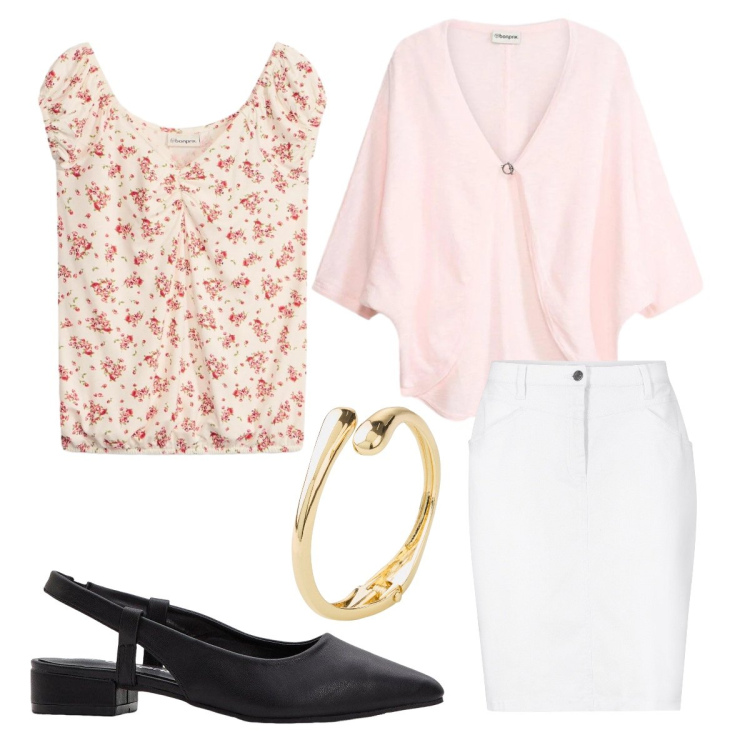 Outfit donna - look bonprix. Stile Romantica per Ufficio. Abbinamento con canottiere, gonne, décolleté, braccialetti, cardigans.