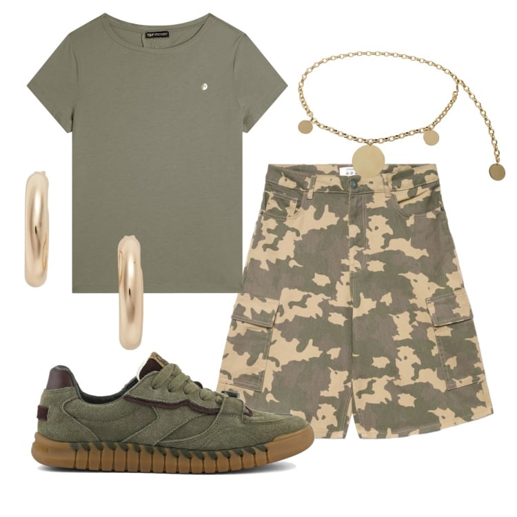 Outfit donna - Total look #2398997. Stile Military per Tutti i giorni. Abbinamento con pantaloni corti, cinture, t-shirt, orecchini, sneakers.