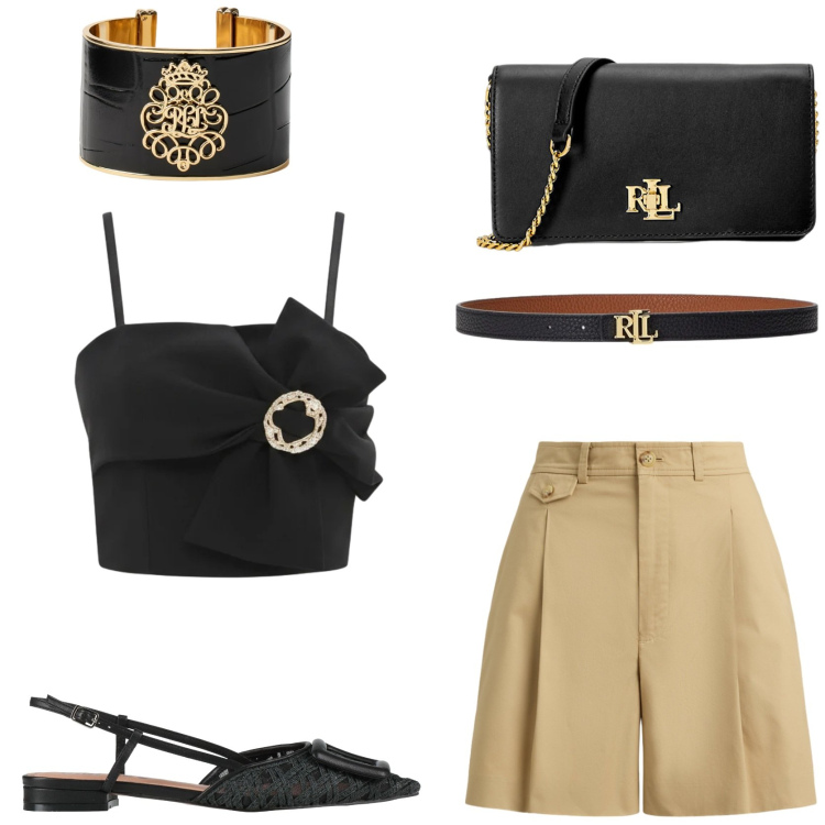 Outfit donna - Come una Diva. Stile Glamour per Tutti i giorni. Abbinamento con ballerine, top, borse a mano, braccialetti, bermuda, cinture.