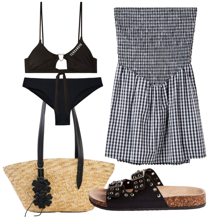 Outfit donna - Total look #2399002. Stile Trendy per Mare. Abbinamento con shopping bag, ciabatte, bikini, bikini, vestiti.