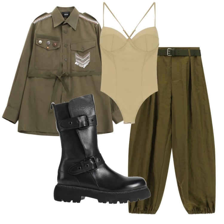 Outfit donna - Total look #2399004. Stile Military per Tutti i giorni. Abbinamento con stivaletti, pantaloni, body, blazer.