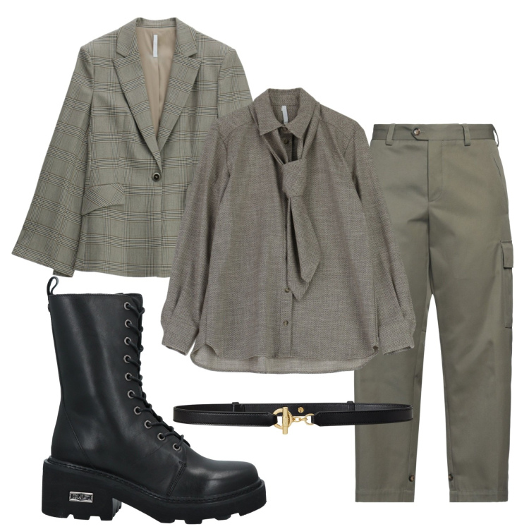 Outfit donna - Total look #2399005. Stile Military per Ufficio. Abbinamento con stivaletti, pantaloni cargo, blazer, camicie, cinture.