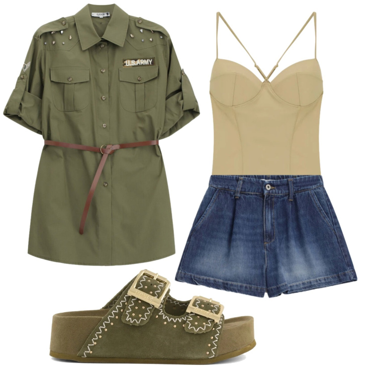 Outfit donna - Total look #2399006. Stile Military per Tutti i giorni. Abbinamento con shorts, camicie, body, ciabatte.