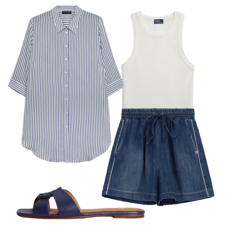 Outfit donna - Total look #2399008. Stile Casual per Tutti i giorni. Abbinamento con shorts, camicie, canottiere, sandali in pelle.