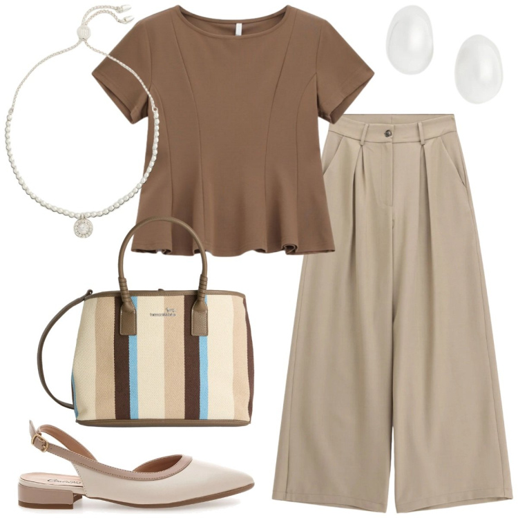 Outfit donna - Light color. Stile Minimal per Tutti i giorni. Abbinamento con shopping bag, pantaloni a palazzo, top, braccialetti, orecchini, ballerine.