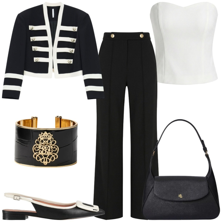 Outfit donna - Black and White. Stile Chic per Tutti i giorni. Abbinamento con ballerine, blazer, pantaloni, top, braccialetti, borse a spalla.