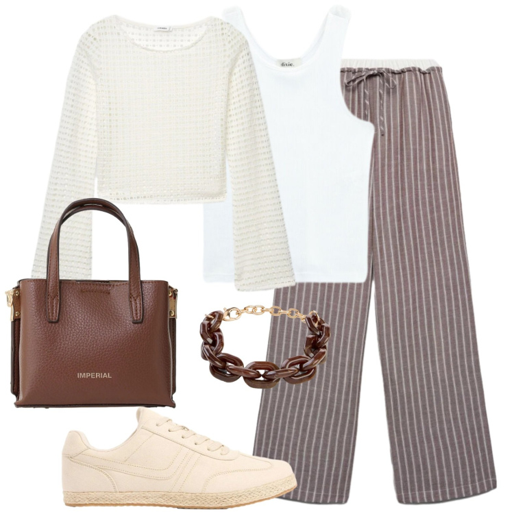 Outfit donna - Righe per la città. Stile Casual chic per Tutti i giorni. Abbinamento con sneakers, braccialetti, maglieria, pantaloni, borse a tracolla, top.