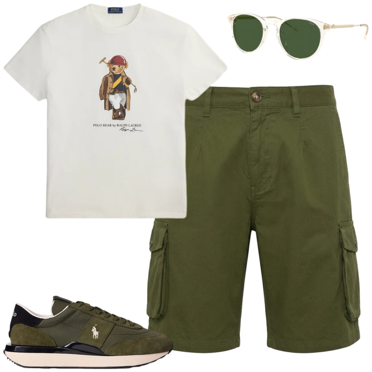 Outfit uomo - I bermuda cargo. Stile Casual per Tutti i giorni. Abbinamento con bermuda, sneakers, t-shirt, occhiali da sole.