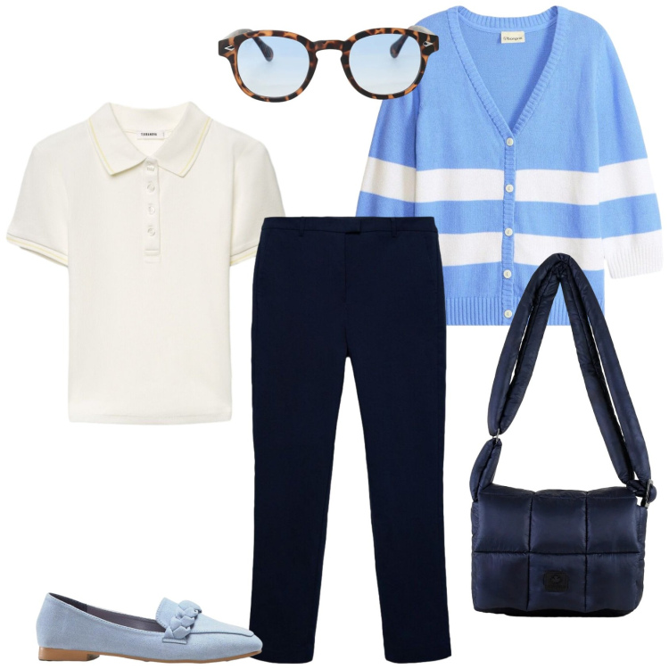 Outfit donna - Preppy vibes. Stile Preppy per Scuola/Università. Abbinamento con mocassini, cardigans, pantaloni skinny, polo, occhiali da sole, borse a spalla.